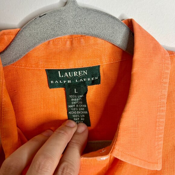 Lauren Ralph Lauren 100% Linen Orange Button-Up Monogrammed Oversized Sz Large - Picture 2 of 4
